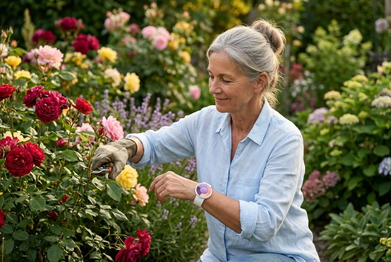 Seniorin mit UV-Armband bei der Gartenarbeit