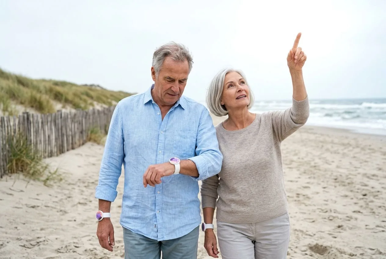 Älteres Paar mit UV-Armband am Strand