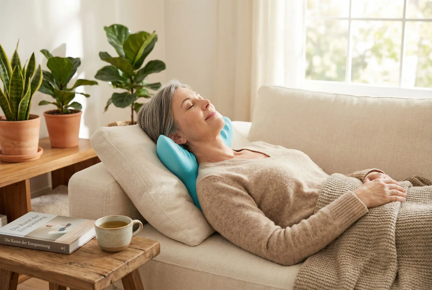 Ältere Frau liegt entspannt mit NeckEase Premium auf dem Sofa