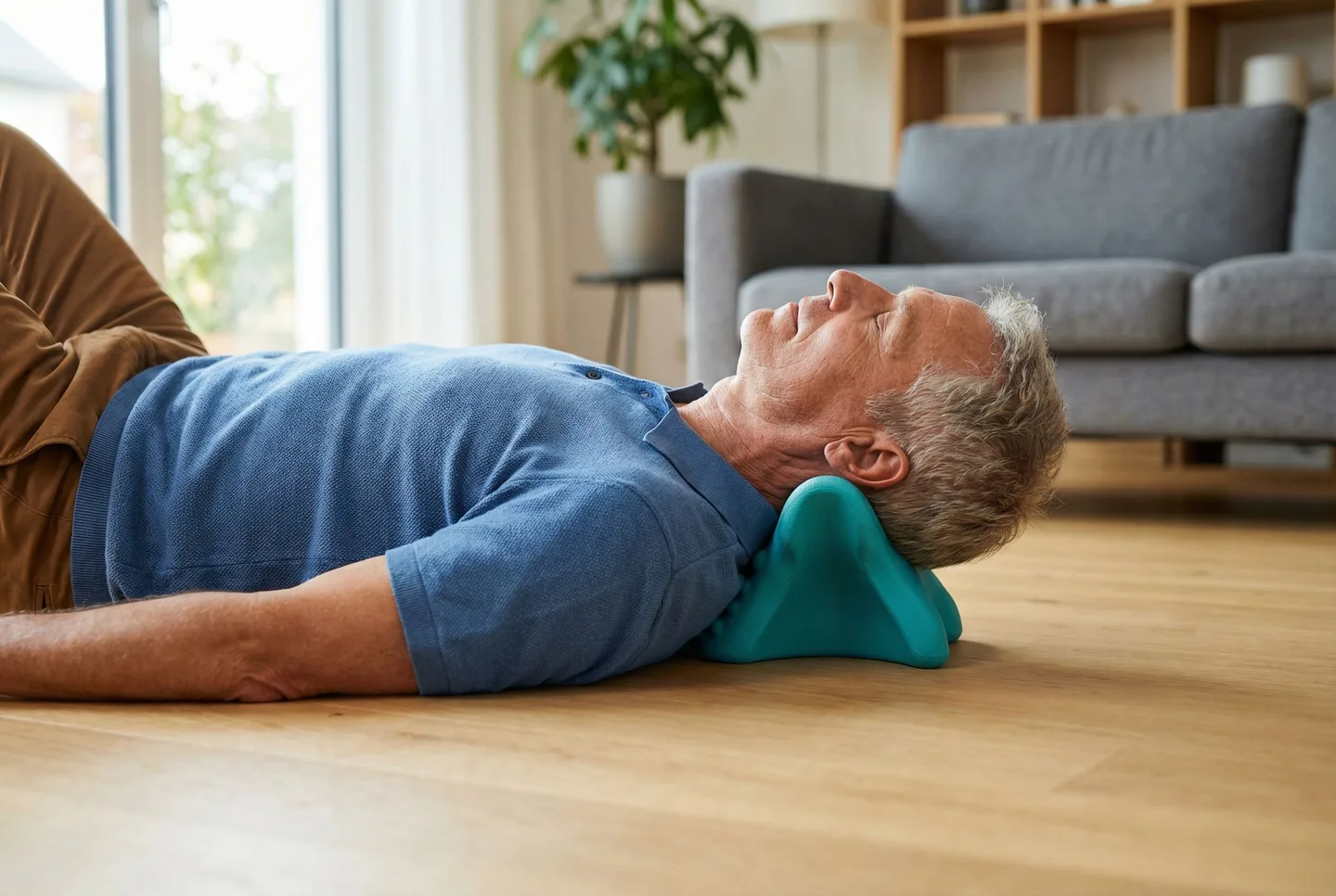 Älterer Mann nutzt NeckEase Premium nach der Gartenarbeit