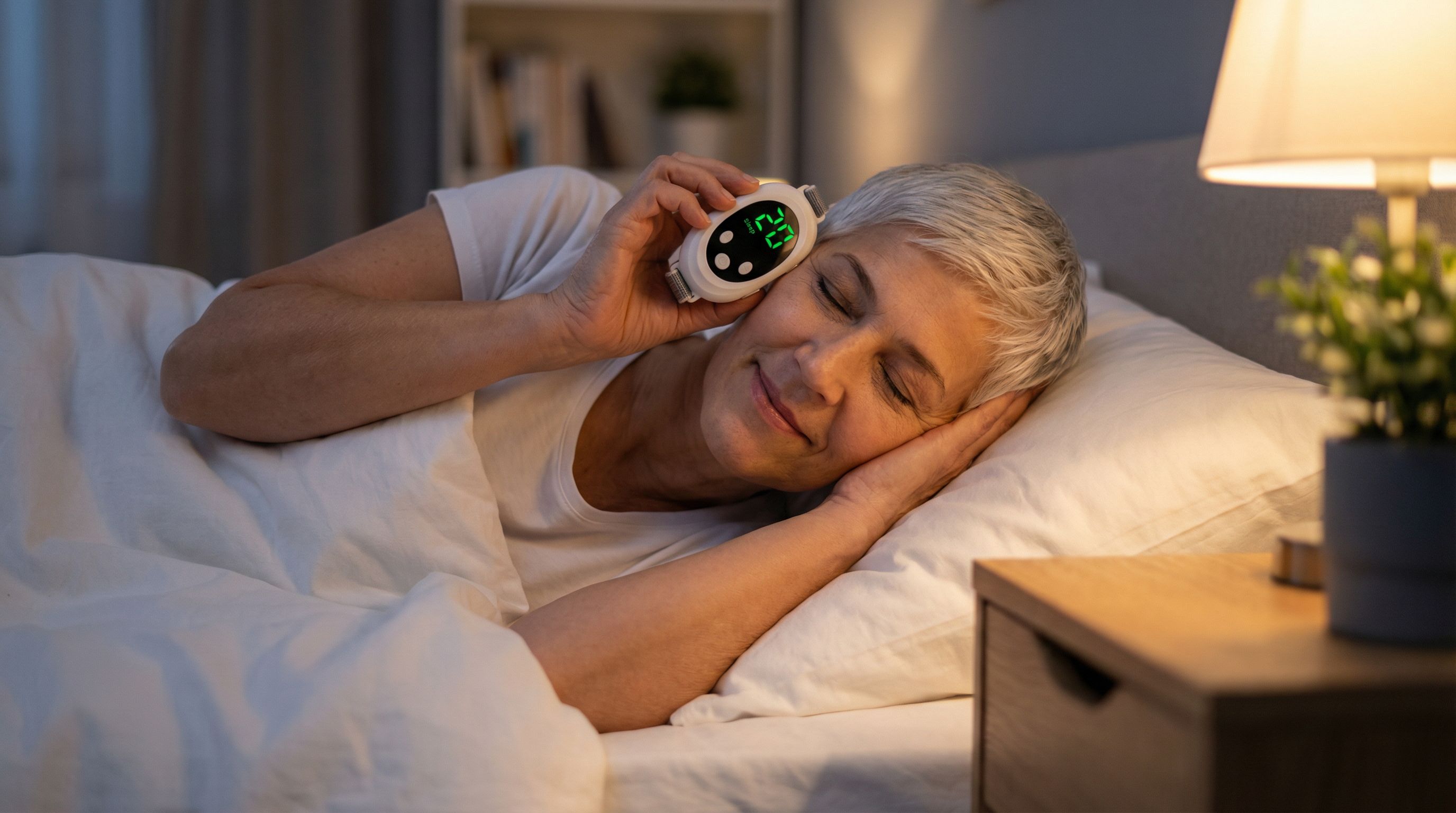 Ältere Frau hält den SanftSchlaf Impulsgeber entspannt an die Schläfe im Bett