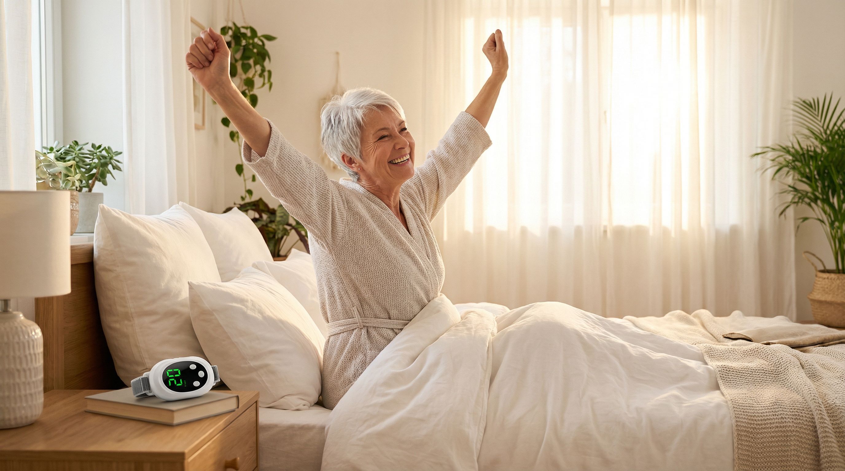 Ältere Frau wacht morgens erholt und glücklich auf nach erholsamem Schlaf