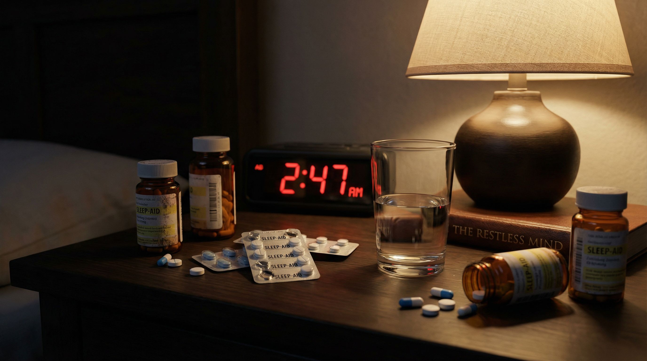Schlaftabletten und Medikamente auf einem Nachttisch – der häufigste Fehler bei Schlafproblemen