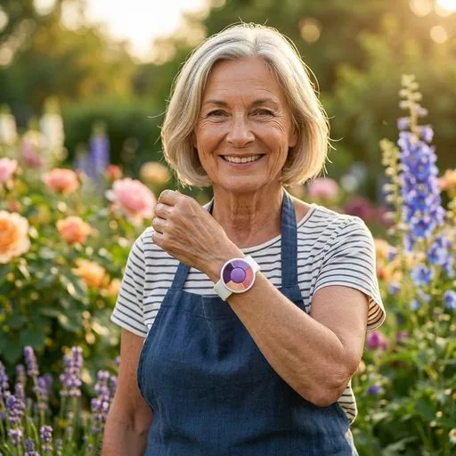 Ingrid zeigt ihr UV-Armband im Garten