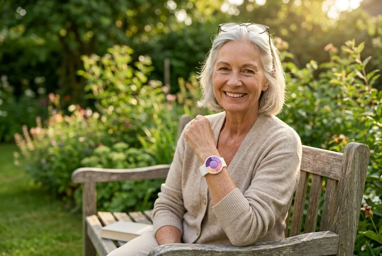 Zufriedene Seniorin mit UV-Armband am Handgelenk im Garten