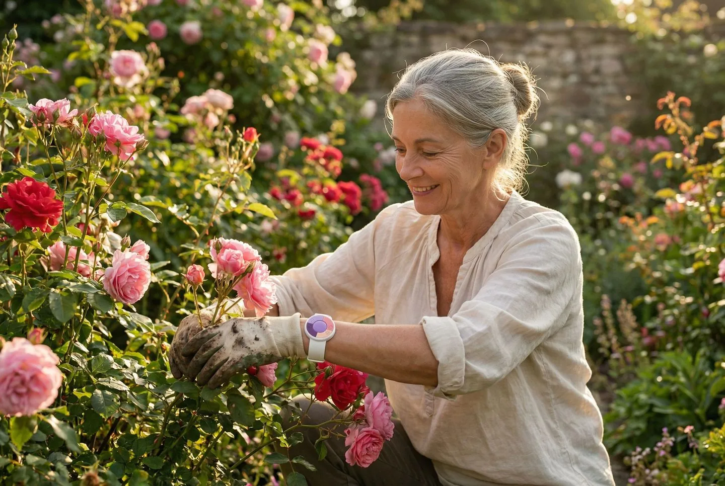 Seniorin mit UV-Armband bei der Gartenarbeit