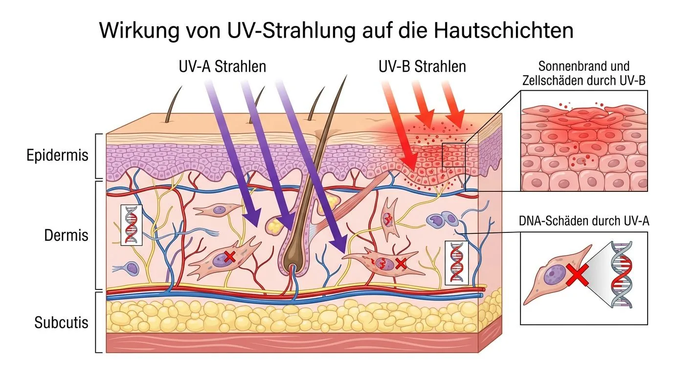 Diagramm: So schädigt UV-Strahlung die Hautzellen – sichtbare und unsichtbare Schäden