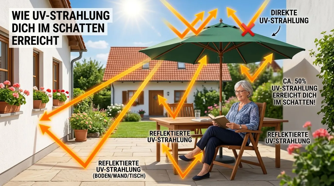 Infografik: UV-Strahlen werden von Boden und Gebäuden reflektiert und erreichen auch schattige Bereiche